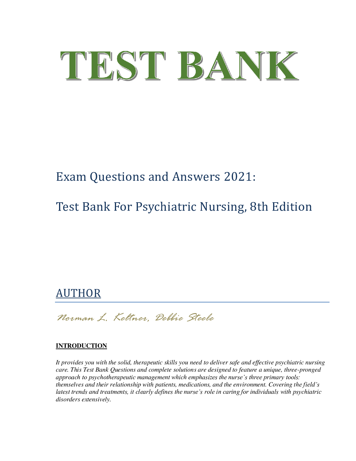 Preview image for Revised Exam 2021 Test bank for psychiatric nursing 8th edition norman l keltner debbie steele (1) (1)